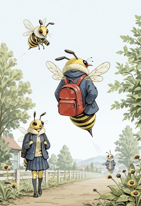 Bpstyle, 3bees,  three  anthropomorphic bee flying to school, bee wings, jacket, holding backpack