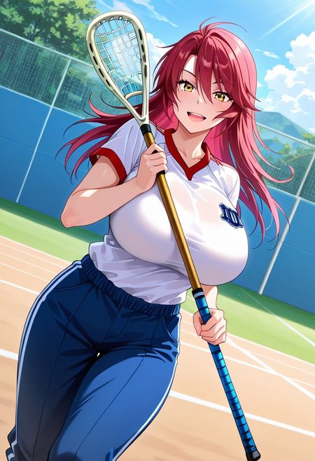 general,highres, ultra-detailed,very aesthetic,best quality ,best hands,best eyes,easynegative,
dynamic anglre, dutch angle, anime cloring,
1girl solo,looking at viewer,outdoors, ground,playing lacrosse, open mouth, smile, 
Aya Akagi,red hair, long_hair, yellow eyes, huge_breasts,shirt,pants,lacrosse cross