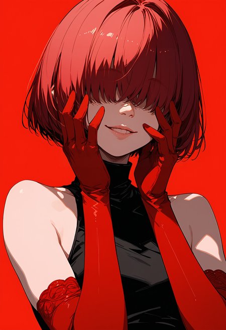 score_9, score_8_up, score_7_up,source_anime,1girl,solo,red hair,short hair,(french bob cut),swept bangs,eyebrows,eyelashes,normal lips,turtleneck dress,black dress,sleeveless,bare shoulders,elbow gloves,red gloves,sinozick style,flat color,looking at viewer,simple background,red background,facing viewer,cowboy body shot,hands on face,(hands over eyes:1.2),smile,cheerful,<lora:add-detail-xl:1>, <lora:perfect-eyes:1>, <lora:Sinozick_Style_XL_Pony:0.71>
