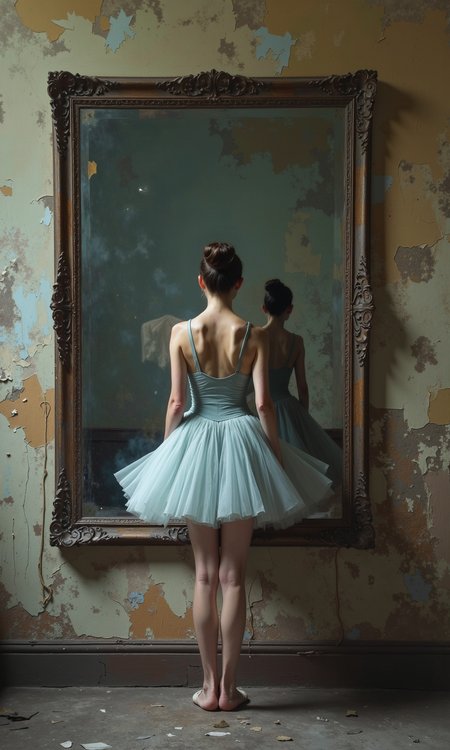 Full indoor shot of a woman standing in front of a large framed mirror, set against a weathered, distressed wall.
The woman is positioned facing away from the camera, her back to the viewer.  She is dressed in a light gray or pale blue ballet or dance-style leotard and a full tulle skirt of the same light color.  The tulle skirt appears layered and flowing. Her hair is pulled back in a bun or tight updo.  Her legs are bare, and her feet are positioned on a floor that is a dark brownish-gray, appearing to be dirty and worn, with scattered debris.
The mirror reflects a shadowy figure of a person, positioned slightly to the right side, that seems more indistinct. The reflected image is also in muted tones of light and grayish-brown and suggests a dimly lit interior space.
The wall behind the woman and the mirror is a mottled color, displaying various shades of muted browns, grays, and faded blues.  The wall shows significant signs of age and deterioration, with large patches of peeling paint and plaster, and some faint remnants of adhesives or tape.  The wall's texture is rough.
The mirror is framed with dark, aged, ornate frame. The overall impression of the image is one of a melancholic or perhaps dreamlike quality, with a sense of isolation and time passing. The contrast between the delicate light-colored garments of the woman and the heavily textured wall creates a strong visual narrative.
<lora:FLUX-daubrez-DB4RZ-v2:1> DB4RZ, DB4RZ style painting
