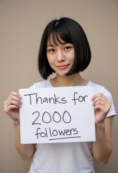 Asian girl. with a black bobcut,holding a sign saying, "Thanks for 2000 followers" FictionalAyumi