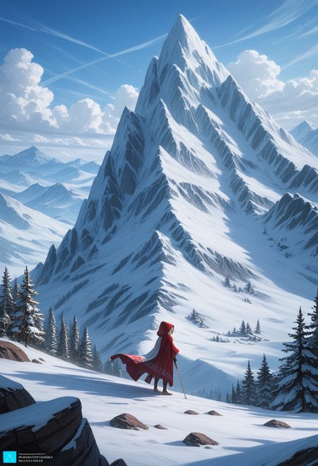 score_9, score_8_up, score_7_up, score_6_up, 1girl, masterpiece, best quality, highly detailed, hyper realistic anime digital art, A long shot of ice Sorceress with a white feather-cloak, hood,  solo,, snow mountain landscape in th background, detailed matte painting, deep color, fantastical, intricate detail, splash screen, complementary colors, fantasy concept art, 8k resolution trending on Artstation Unreal Engine 5