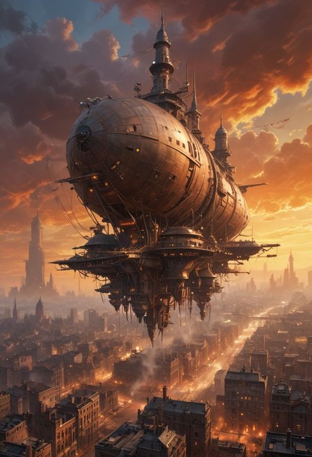 Arial, downward angled, expansive photograph, ((colossal flying city in the sky is hovering ahead at a distance), in a (dramatic sky streaked with orange and hues of a setting sun), (the flying city, is supported by massive, churning propellers and jet engines spewing thick black smoke)), 
((The flying city's cityscape is a labyrinth of metal and rivets, with jagged spires and towers bristling with antennas, pipes,  radar dishes, suspended walkways and bridges connect various parts of the city, rust-streaked fuel tanks and oil drums are bolted onto buildings, connected by thick tubes), (buildings vary from gothic cathedrals with stained glass windows to utilitarian factories with soot-stained chimneys)),
<<BREAK>>
((A cluster of zeppelins and airships hovers near the flying city, docked to gantries, below, a massive rotating turbine creates a shimmering heat haze, adding to the city's fortress-like presence),
((The industrial aesthetic, scene is illuminated by the warm glow of incandescent lamps and occasional sparks from welding torches, highlighting the contrast between the mechanical and the signs of human life))