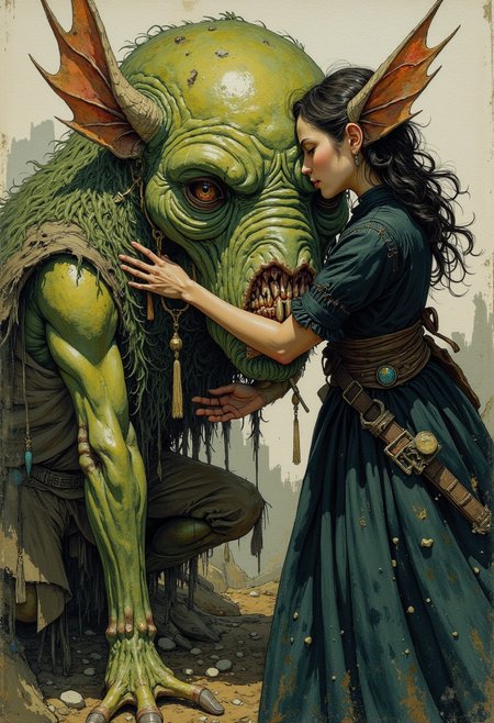 Create a detailed and assertive drawing that captures the raw, earthy essence of a mystical and slightly unsettling world. The style should employ rich, hand-drawn textures with bold, confident lines and layered tonal washes, evoking a sense of age, wisdom, and folklore. The color palette should lean on vivid earthy tones—deep greens, umbers, ochres, and smoky grays—enhanced with touches of whites and with occasional accents of rich jewel tones to create striking focal points. The atmosphere should feel grounded and mature, blending whimsy with an underlying edge of darkness and intrigue.
The characters or elements should exhibit intricate, naturalistic detailing, portraying imperfections and textures that emphasize personality and depth. Faces, if present, should feel expressive and weathered, reflecting stories of a long-forgotten age. The focus will be on a specific subject—the war faery and the beauty faery—rendered with care to highlight its organic integration into the scene, with every detail contributing to a complex, immersive narrative. The overall composition should carry an air of mystery and timelessness, resonating with the weight of forgotten myths and unspoken secrets.
