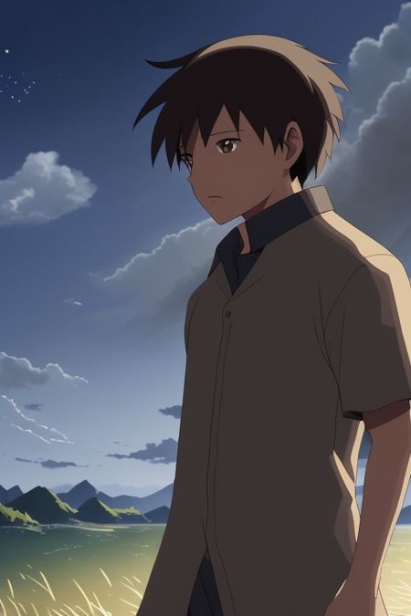 high resolution, solo, best quality, 1Boy, Takaki Toono, Brownish Hair, Brown Eyes, existential longing, fantasy background, strong wind, OverallDetail