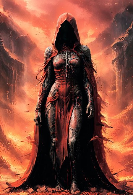 Photo, A dark angel of the Elden Ring lost chapel in a blood-red cloak, ais-darkpartz, stands before a great ancient elden eldritch, maintaining the integrity of the time loop itself<lora:xl_more_art-full_v1:0.3> <lora:sdxl_lora_beksinski-000018:0.5>, Demon_Calavera, sky a hellish style-nebmagic,