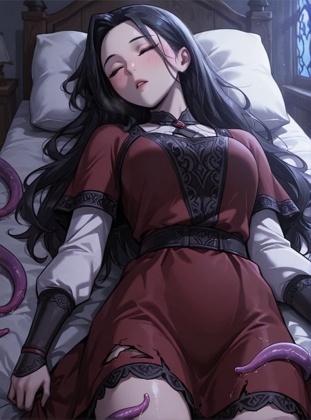 HDR,masterpiece, absurdres, newest, highres, very aesthetic, detailed eyes, fit body, godrays, ambient occlusion, soft lighting, highest quality, (volumetric lighiting:1.1), realistic skin, low lighting, trending on artstation, gothic,
adult, LGSPX, (anime screencap:1.3), anime screencap, Gu Huibi, black hair, long hair, dark red eyes, mature female,
BREAK
sexy, cute, dress, torn dress, blush, parted lips, closed eyes, sleeping, lying in bed, cowboy shot, inside, castle tower, surrounded by purple tentacles, groped by purple tentacles
<lora:princess_xl_v2:0.6> <lora:add-detail-xl:0.25>  <lora:30_LOL:0.6>  <lora:g0th1cPXL:0.4>  <lora:Gu_Huibi-000091:0.7>