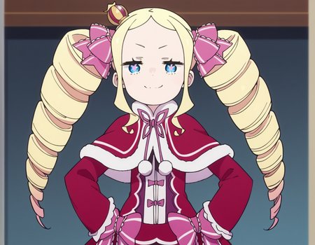 score_9, score_8_up, score_7_up, source_anime, <lora:rezero-beatrice-s3-leak-ponyxl-lora-nochekaiser:1>, beatrice, long hair, blue eyes, blonde hair, twintails, hair ribbon, sidelocks, symbol-shaped pupils, drill hair, twin drills,, dress, ribbon, fur trim, capelet, crown, mini crown, red capelet, frills, bowtie,, indoors, smug, smile, looking at viewer, solo, hands on hips,, cowboy shot, dutch angle