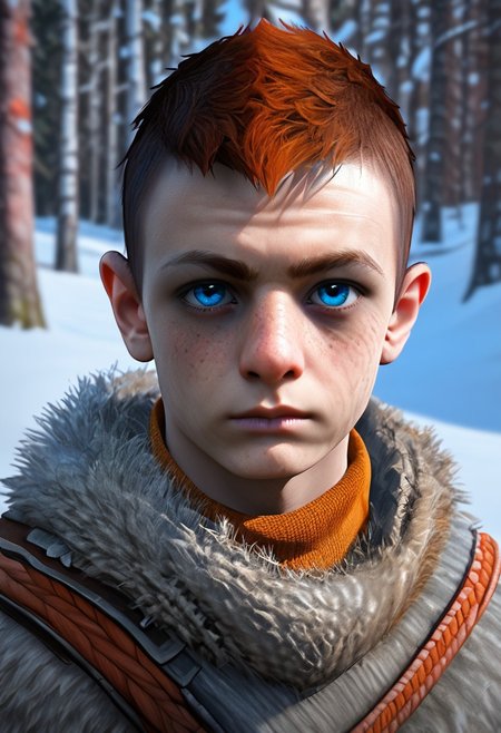 1boy, male focus, solo focus, Atreus, grey fur tunic, ginger hair, pale blue eyes, undercut, brown fur boots, snowy forest,
