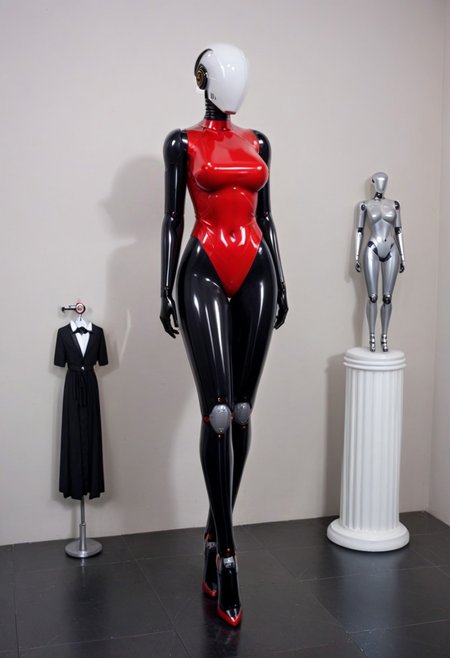 solo, A 35mm full length photo of  a beautiful 20 year old woman, she is a humanoid robot , robotic body, freckles, smooth featureless silver grey robotic skin, robotic aerials, metallic dark blue hair, elegant red latex bodysuit with white trim
TheFaceLess, mannequin, faceless, egghead