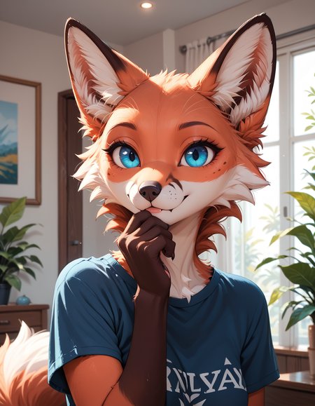 score_9,score_8_up,score_7_up,score_6_up,
indoors, living room, 
headshot,seductive smile,parted lips,long eyelashes,hand to mouth,
t-shirt, 
 <lora:Foxy_v02_PDXL:1>,Foxy,1girl,solo,furry female,fox girl,fox tail,body fur,two-tone fur,orange fur,white fur,fox ears,animal ear fluff,blue eyes,snout,animal nose,
<lora:add-detail-xl:1>,