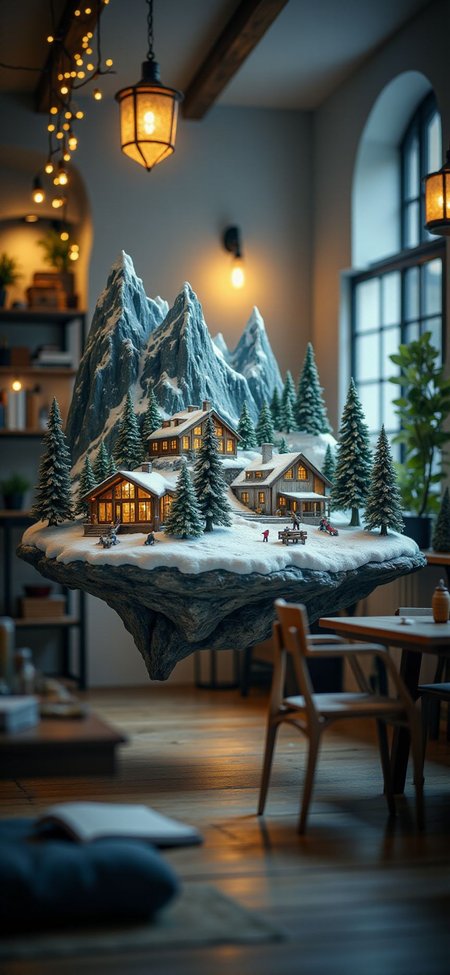 (indoor,very wide isometric view,tilt-shift lens:1.6), (windowless,fna_style,miniature,miniature,diorama,miniature,diorama,PVC,plastic:2),dawn snow,forest,resort with ski,mountain  at (floating island,levitating  island:1.5) on (table:2) at (attic:2.5)   <lora:Diorama_Flux:1>
<lora:Fantasy_Novel_Art_Style:1>