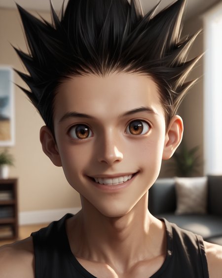 score_9, score_8_up, score_7_up, intricate details, rating_questionable,
<lora:homri52:1>
,
<lora:Gon_Freecss_Pony:0.8>, 1boy(gon, spiked hair, black hair, brown eyes, looking at the viewer, solo, happy, 
portrait, face focus, tank top), cozy living room,
highres,
detailed background, depth of field, 
<lora:ral-chrosc-clr:0.5>, ral-chrosc-clr,
<lora:Expressive_H:0.5>, Expressiveh,
<lora:xl_more_art-full_v1:0.3>,
<lora:add-detail-xl:0.3>,