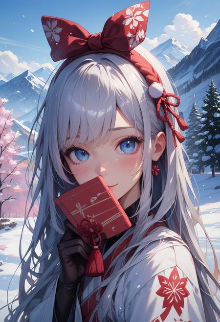 score_9_up, score_8_up, score_7_up, score_6_up, 1girl, 25 years old, perfect face, cute, petite,
detailed face, blush, shy smile, portrait, face focus, depth of field, looking at viewer, close up,
blue eyes,
white hair, long hair, hair ribbon, red ribbon, 
japanese clothes, white kimono, red ornament, 
winter, snow, mountains, scenery, 
DreamArt,