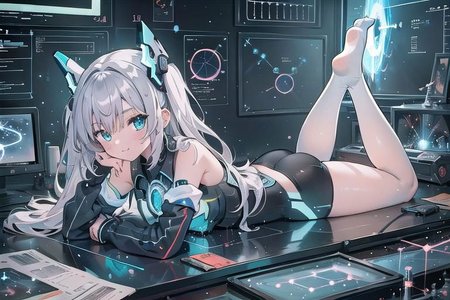 (masterpiece), (science fiction:1.4), 1girl, lying on the back on a mirror, lying on the back on a mirror, lying on the back on a mirror, smile, silver hair, aqua eyes, headgear, long sleeves, detached sleeves, glowing energy clothing, light particles, energy particles, perfect hands, perfect legs