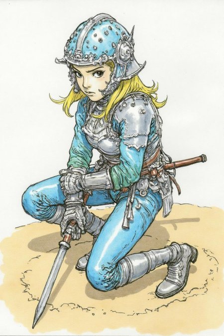 kj9 illustration.
A young female warrior crouched on the sandy ground. The young woman has a determined and focused expression. She is are dressed in a blue, armored suit with intricate, silver accents on the helmet and shoulder pads. She hold an antigue musquet in her hands.  <lora:kj91_cap_d6a3e12:1.0><lora:819909184075314853:0>