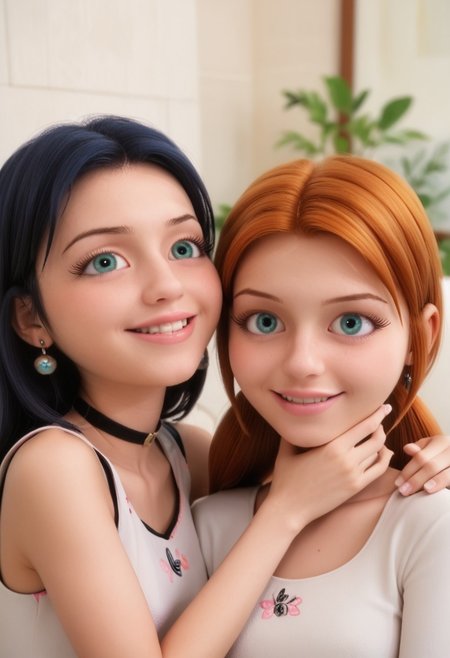 score_9, score_8_up, score_7_up, score_6_up, 
2girls, sitting together, on a couch, (leaning against each other, head on shoulder, cheek to cheek:1.4),
1girl, Sabrina Raincomprix, long hair, orange hair, green eyes, fair skin, earrings, white blouse, choker, 
1girl, Marinette Dupain-Cheng, long hair, bright bluebell eyes, black hair, twin tails, earrings, red blouse, choker, 
perfect eyes, real skin, amateur, photo, solo, perfect face, perfect eyes, sexy, beautiful eyes, petite body, 
masterpiece, best quality, amazing quality, 
heavy blush, thick dark eyelashes, tiny body,
(skinny girl), on a couch, family home, living room, wall pictures, plants,
blurry background, lot of people in background, shy expression, depth of field, volumetric lighting, biting lips, vibrant colors, intricate details, 
smiling, teeth, arms crossed, close up on face, real skin,