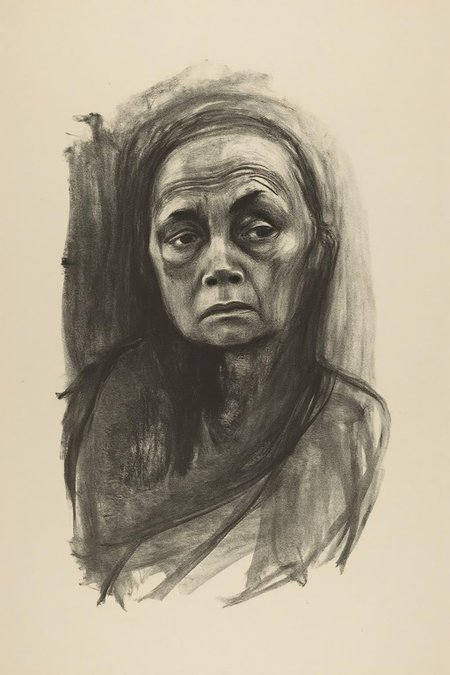 kako1 black and white charcoal drawing. 
The image is a monochromatic drawing rendered in charcoal on a light beige background. It depicts a haunting, stylized figure of an old woman with a deeply expressive face. Her facial features are exaggerated, with a prominent forehead, sunken eyes, and a downturned mouth, conveying a sense of sorrow or contemplation. Her skin is rendered in deep, dark shades of charcoal, giving it a rough, textured appearance. <lora:kako1_litho_nocap_d6a3:1.0><lora:814718308076098546:0>