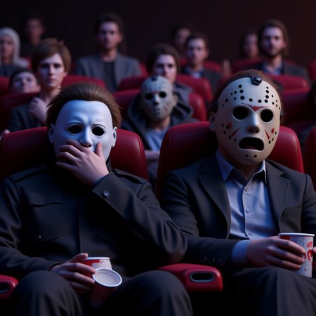 hyper detailed Michael Myers wearing a white captain kirk mask and Jason Voorhees  wearing a hockey mask, with popcorn cups on their laps are sitting in the front row of the cinema, watching a movie. The terrified Michael Myers is covering its face with its hand, while Jason voorhees screams in horror with huge, frightened eyes. Various people sitting behind them. Art by Ash Thorp. Cinema 4D, Octane and Redshift.