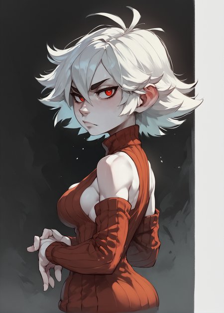 white skins, spiky red short tomboy hair, neutral expression, tight sweater, <lora:NAHIRI:1> nahiri, 1girl, solo, short hair, breasts, bare shoulders, white hair, colored skin, boob cutout, side boob,  <lora:Huffslove_Style_PonyXL:1> shortstack, source_anime, score_9_up,  score_7_up, score_8_up