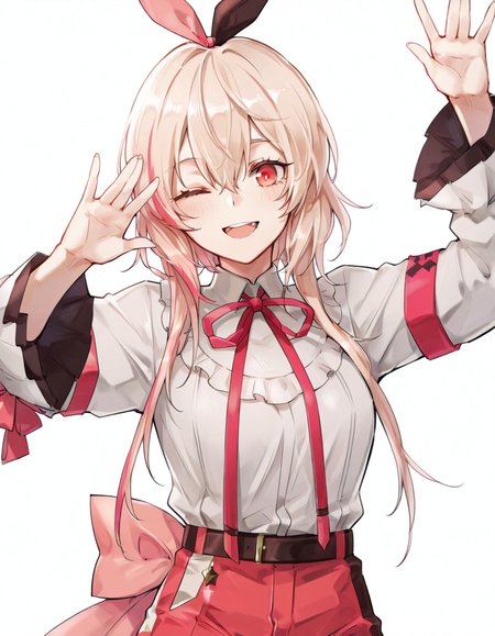 Volumetric Lighting, (masterpiece), (best quality), (ultra-detailed), masterpiece, source_anime, score_9, score_8_up, score_7_up BREAK, illustration, disheveled hair, detailed eyes, perfect composition, moist skin, intricate details, detailed eyes, detailed face, detailed fingers BREAK, short hair with long locks, blonde hair, pink hair, streaked hair, red hair, red eyes, hair between eyes,medium breast BREAK, GuardedBeloved, GB_shirt, GB_shorts, GB_hair_ribbon, GB_neck_ribbon, GB_sleeves_bow, GB_thigh_holster, GB_footwear_bow, GB_arm_strap, GB_bow_skirt, GB_single_thighhigh,uneven legwear,BREAK, ((white background)), 1girl, solo, looking at viewer, smile,upper body,open mouth,wink