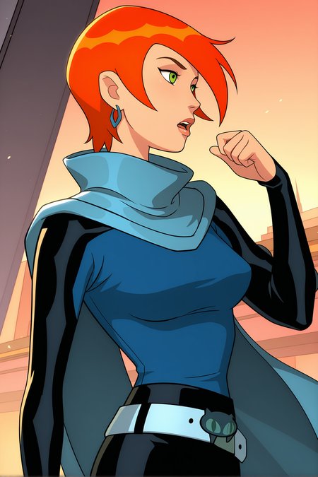 masterpiece, absurdres, futuregwenxl, 1girl, solo, short hair, open mouth, jewelry, shirt, long sleeves, green eyes, earrings, lips, belt, cape, orange hair, pants, gwen tennyson
 <lora:Future_Gwen:1>