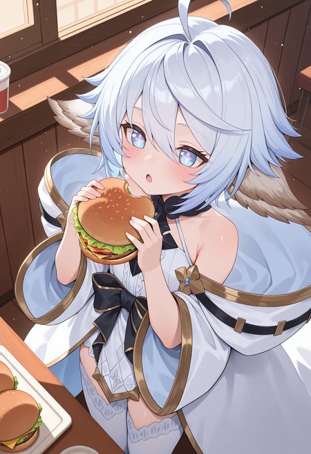 highres, best quality, masterpiece, indoors, restaurant, 
1girl, solo, gbfwam, short hair, white hair, blue hair, animal ears, ahoge, blue eyes, + +, flower-shaped pupils,
gbwmdef, white dress, black collar, cross necklace, bare shoulders, sleeveless, waist bow, black bow, white cloak, gold trim, detached sleeves, wide sleeves, white thighhighs,
blush, open mouth, expressionless,
holding burger, bright pupils, light particles, from above,
<lora:_wamdus-elesico-ilxlA:1>