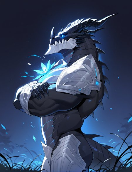 BREAK masterpiece,best quality,amazing quality,very aesthetic,highres,absurdres BREAK ekita kuro,(yohan:0.8),softpoltupo,year 2024,cowboy shot,solo,from side,
1boy,furry male,muscular,muscular male,bara,barazoku,DEATHWING,(black horns:1.1),dragon,(metal jaw:1.1),(black body:1.1),black head,detailed scales,(black scales:1.1),grey belly,(metal chest:1.1),blue glowing chest crack,4 fingers,claws,blue eyes,slit pupils,glowing eyes,white armor,shoulder armor,leg armor,<lora:deathwing_noob_adamw8bit-000029:1>,glowing flower,grass,(looking up:1.1),crossed arms,night,night time,black sky,perfect composition,intricately detailed,hyper detailed,maximalist style,concept art,harmony,serenity,calm,mysterious glow,dynamic lighting,masterpiece,superb composition,finest details,highest aesthetics,mystical glow,