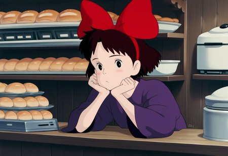 score_9, score_8_up, score_7_up, score_6_up, score_5_up, score_4_up, Expressiveh, ghibli_style, source_anime, anime_coloring, wide shot, BREAK
1girl, solo, majokiki, Kiki, very dark violet dress, red bow, hairband, hair bow, blush, dark brown hair, black eyes, cute, narrow shoulders, sitting on a wooden stool, bored, head rest on one hand, bored expression, working, seated at the counter of a bakery, cash register, wooden building, European bakery, shelves with loaves of bread