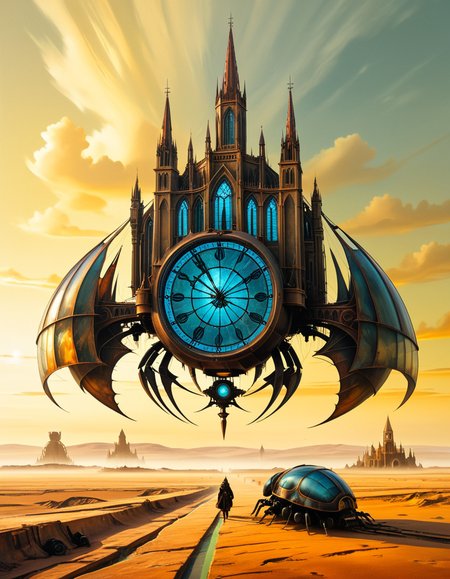A surreal, dreamlike painting in the style of JarosÅaw Jasnikowski, depicting a gigantic mechanical insect-like cathedral walking across a cracked desert landscape. The cathedral is mounted on insect legs made of bronze and copper, with gears and steam vents along each joint. The architecture is gothic, with tall spires, stained glass windows glowing from within, and massive rotating clock faces embedded in its towers. In the background, a distorted horizon under a greenish-yellow sky, with floating islands and broken bridges suspended mid-air. A small group of cloaked figures watches the walking structure from the foreground, their long shadows cast across the dry, dusty ground. The entire scene is bathed in a surreal light, blending soft golds and dark shadows, giving it a mystical and post-apocalyptic atmosphere. Details are rich with fine mechanical engravings, absurd physics, and metaphysical symbolism, echoing Jasnikowskiâs signature surrealism and imaginative science-fiction fantasy.<lora:SDXLFaeTastic2400:0.4> <lora:extremely_detailed:0.4> extremely detailed, <lora:JarosÅaw_J4sn1k0wsk1_r1:1>,JarosÅaw J4sn1k0wsk1, Masterpiece,best quality,hi res,8k,hi res,8k,award winning,(sharp focus, intricate, highly detailed),