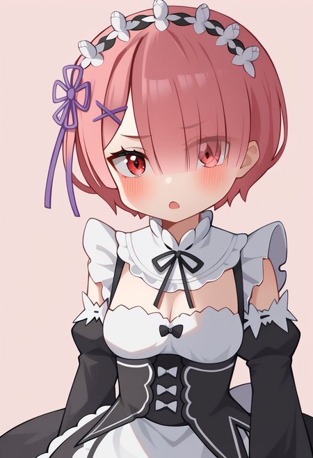 score_9,score_8_up,score_7_up,<lora:ram_pony:1>,hair_over_one_eye, chibi, solo, detached_sleeves, ribbon-trimmed_clothes, open_mouth, blush, ram_\(re:zero\), maid_headdress, pink_ribbon, falling, roswaal_mansion_maid_uniform, simple_background, transparent_background, purple_ribbon, 1girl, d:, looking_at_viewer, furrowed_brow
