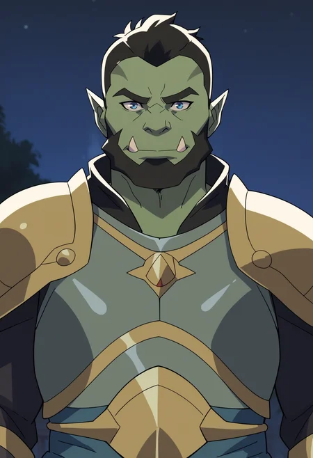 score_9, score_8_up, score_7_up, BREAK,
1boy, solo, male focus, mature male, orc, green skin, tusks, blue eyes, short hair, black hair, facial hair, beard, looking at viewer, armor, shoulder armor, breastplate, pauldrons, upper body, closed mouth, standing, outdoors, night, night sky, dark background,    <lora:VoxMachinaV2XLLocon_byKonan:1>