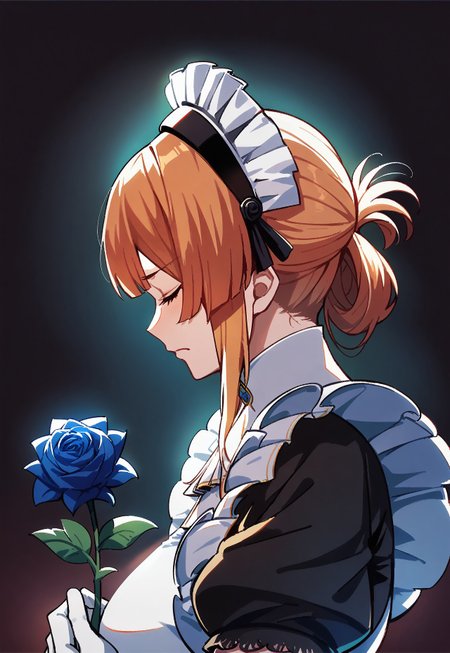 score_9, score_8_up, score_7_up, score_6_up, zPDXL3, source_anime, mature, Risa, sniffing, closed eyes, holding a glowing blue rose, upper_body, thinking, Noir maid outfit, maid headdress, elbow gloves, colorful, dark background, fading border, side lighting, 