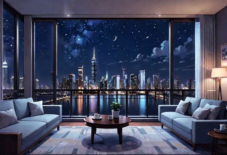 ((((front view)))), Shallow scene, ((animation style)), (((City high-rise building scenery))), ((((City scenery outside the window)))), ((sense of mystery)), (night), starry sky, moonlight, (weak warm light), (Facing the window), (open window), modern-style interior,  (sofa and coffee table by the window sill), Wooden floor, with white walls, (large windows), carpet, a living room, (((Sofa placed horizontally))), (Behind the sofa is the window sill),