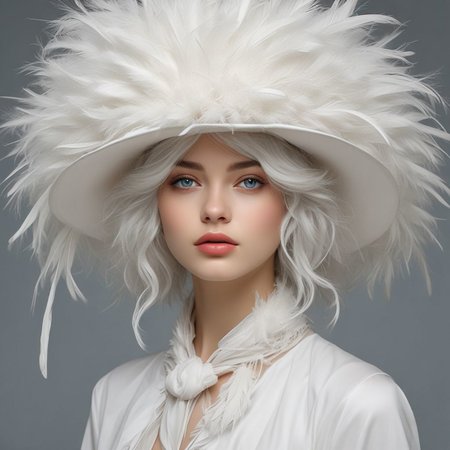 (masterpiece,best quality:1.2), high detailed,realistic,1girl, bellissima, solo, a woman wearing a very white hat with feathers, gray eyes, white hair