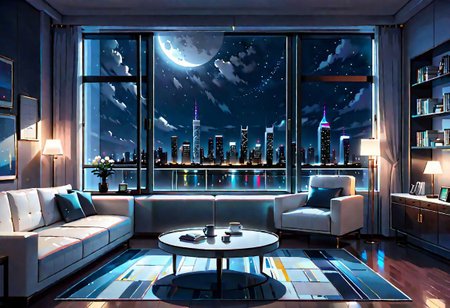 ((front view)), Shallow scene, ((animation style)), modern-style interior, with white walls, (large windows), a  study, Sofa, coffee table, bookcase, single wall, (gloomy room), Turn off ceiling lighting, Turn off the indoor lights , quiet and mysterious night sky, starry sky, moonlight, city night view, (City high-rise building scenery), (City scenery outside the window)