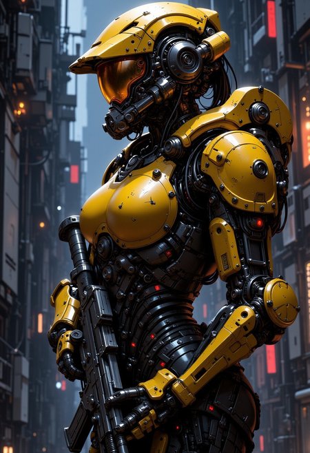 D4rkCyb3rDyn34n1m3 style, photorealistic image of a female space marine in yellow and black armour, helmet with a clear visor reflecting light, hyperdetailed helmet, holding an assault rifle, dark abstract background suggesting interior of spaceship