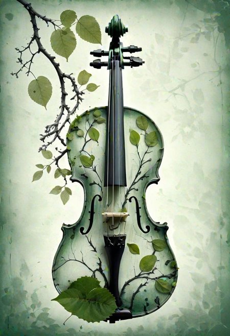 weathered violin, double exposure, gnarled tree branches, delicate spring leaves, (stark contrast:1.2), (high detail:1.3), symbolism of age and renewal, (monochromatic tones with a single vibrant green leaf:1.3)
