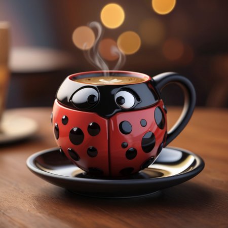 a ladybug-shaped coffee cup, cute, simple, disney product design, handmade, front view, on a table,dining room bokeh,highly detailed,realistic,lifelike,studio photo,highly detailed,dynamic,cinematic,masterpiece,intricate,hdr,abstract fractal, black background