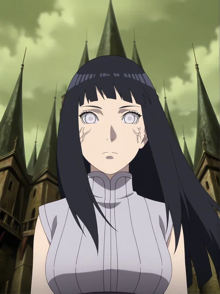 <lora:Hinata_Hyuga:0.8>, hinata, 1girl, solo, long black hair, bangs, white eyes, sleeveless gray shirt, high collar, byakugan, startled, focused, wide eyes, closed mouth, standing, looking at viewer, upper body, low angle, frontal view, green cloudy sky, castle background
