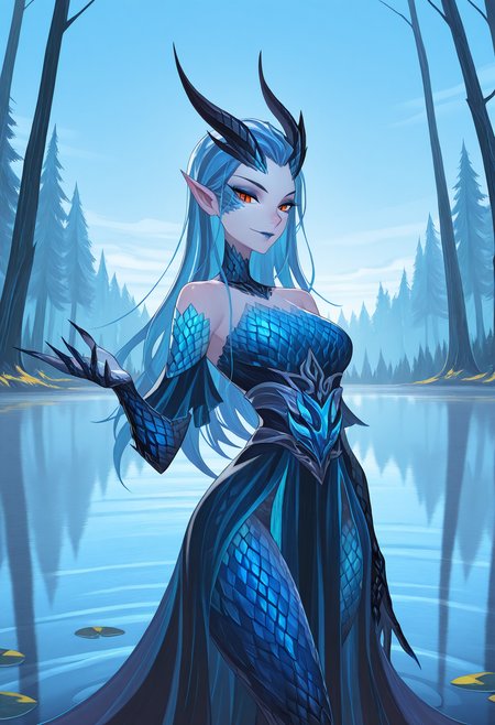 masterpiece, best quality, amazing quality, 1girl,,
aorun, scales, dress,,   sky,makeup, bare shoulders, pointy ears, cowboy shot, pond, forest, glade, looking at viewer,
<lora:aorunIllstrious:1>, <lora:afkArenaIllustrious:1> afkArenaStyle