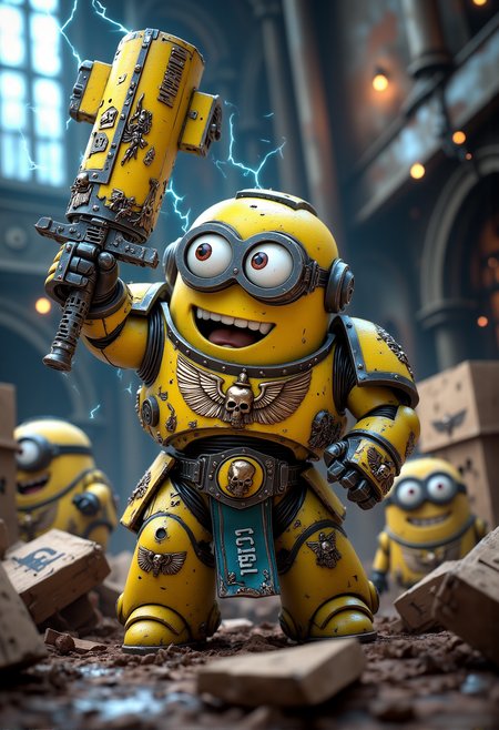space marine. A fierce but tiny Minion dressed in ceremonial armor with a polished shine, covered in intricate Minion symbols and cartoonish purity seals. The Minion is without a helmet (no helmet:2.0), showcasing their iconic Minion goggles, expressive eyes, and wide smile. The Minion is wielding a power hammer humorously shaped like a giant banana, crackling with blue energy. The Minion is depicted in a scene such as: standing triumphantly on a pile of rubble, raising a chainsword high, banana insignia glinting in the light. The Minion's expression is joyfully fearless, showing teeth in a wide grin. The scene should be depicted in a colorful but gritty Warhammer 40k style, with bright yellows and blues to emphasize the Minionsâ classic color scheme. The armor and weapons are detailed with ornate designs, but humor is maintained through Minion-themed accessories and comical touches. Witty details include: a bolter adorned with stars and banana stickers, clearly personalized by the Minion. Background elements should resemble classic Warhammer 40k settings but with a humorous Minion twist, such as: a war zone with banana crates mixed among the supply crates, Minions occasionally peeking out. , <lora:sm2.safetensors:1.0:1.0>