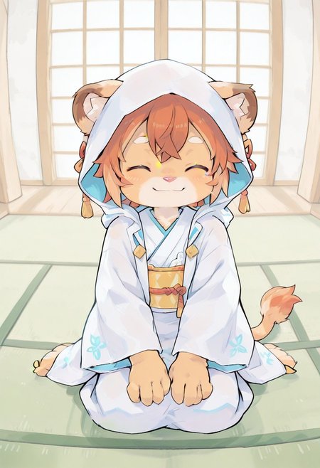 Regalia6666,best quality,cute, amazing quality, very aesthetic, ,room,indoors, wedding, looking at viewer, solo,original, no humans, theowf,
full body,seiza,blushed, smile,closed eyes,closed mouth,
clothing,uchikake, wataboushi, shiromuku, white kimono, hooded kimono, bride, japanese clothes, hood,tatami,