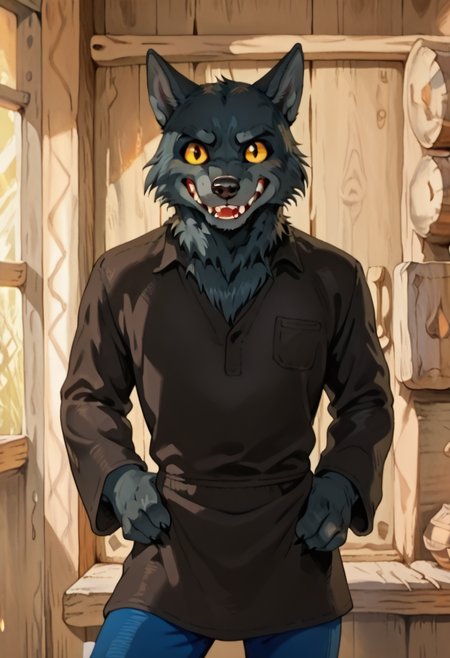 score_9, score_8_up, score_7_up, detailed eyes, w0lf, 1boy, solo, male focus, furry, wolf, yellow sclera, grey fur, sharp teeth, brown shirt, blue pants, cowboy shot, looking at viewer, talking, calm,