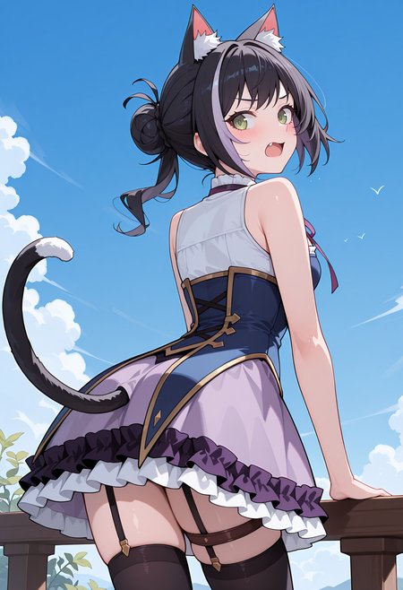 highres, best quality, masterpiece, outdoors, blue sky,
1girl, solo, pcrcal, black hair, streaked hair, cat ears, animal ear fluff, cat tail, green eyes,
caldef, single hair bun, ponytail, blue bodice, gold trim, sleeveless, white shirt, neck ribbon,, light purple skirt, purple skirt, frilled skirt, layered skirt, black frills, white frills, garter strap, thigh strap, black thighhighs,
blush, looking back, open mouth, fang,
from behind,
<lora:_kyaru_pcr-elesico-ilxlC:1>