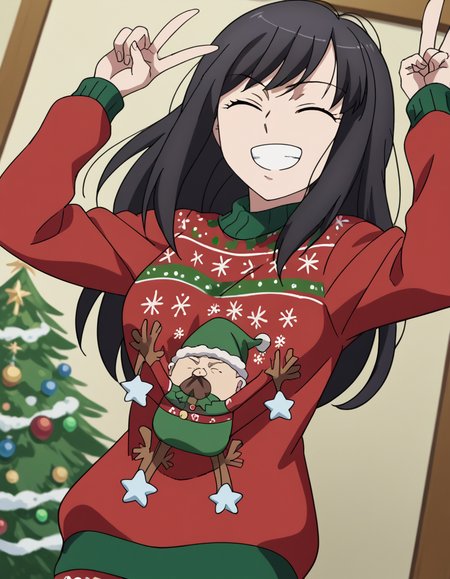 score_9, score_8_up, score_7_up, source_anime, <lora:yuki-kaizuka-s1-ponyxl-lora-nochekaiser:1>, yuki kaizuka, long hair, black hair, brown eyes, medium breasts, anime screencap,, <lora:christmas-sweater-ponyxl-lora-nochekaiser:1>, christmas sweater, christmas, ugly sweater, print sweater, red sweater, christmas tree, christmas ornaments, sweater, multicolored sweater, , v, smile, hands up, teeth, closed eyes, cowboy shot,, , dutch angle, cowboy shot