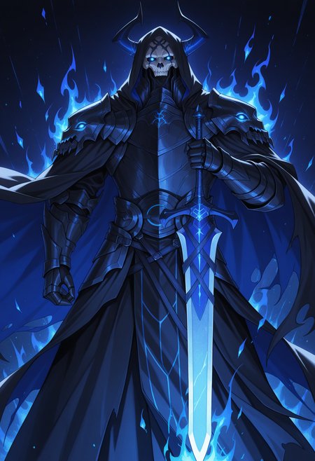 solo, 1 boy, male focus, king hassan, mask, horns, blue eyes, glowing eyes, no pupils, hood, cloak, robe, horns, armor, holding sword, abstract background, multicolored background, particle, dynamic, blue fire, sword on ground,
perfect anatomy, masterpiece, perfect quality, best quality, detailed, newest, very aesthetic <lora:KingHassan_FateGrandOrder_V1_ILXL:0.8000000000000002>