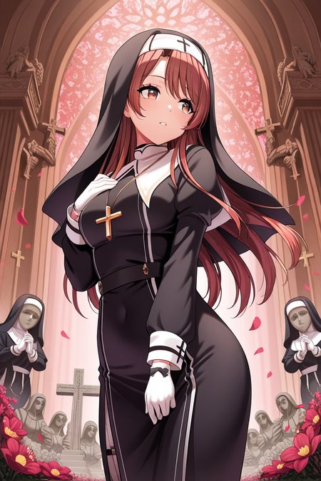 masterpiece, best quality, amazing quality,
 <lora:Haruna_IL:1> haruna, 1girl, long hair, nun, solo, gloves, statue, dress, habit, red hair, white gloves, long sleeves, black dress, petals, flower, cross, brown hair