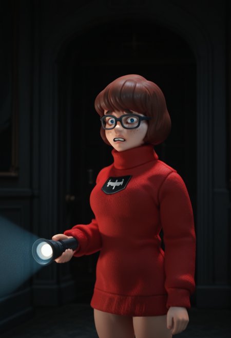 r0b0style, 3d figure,   masterpiece, best quality, solo,                     velma dace dinkley, sweater, glasses, freckles, spooky mansion interior, holding flashlight, worried, dark lighting, cinematic,