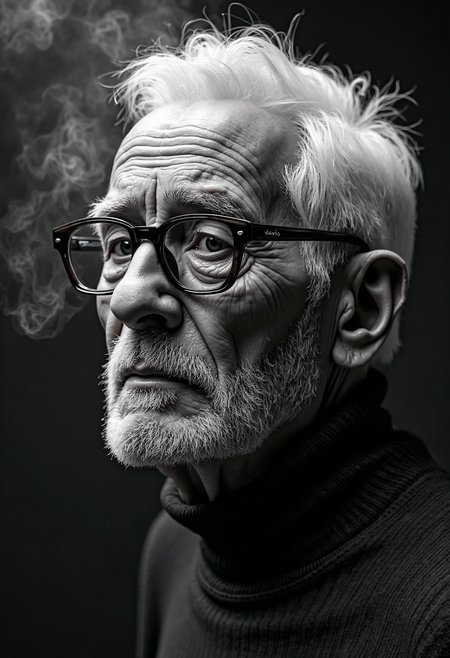 A highly detailed, black-and-white, silhouette, closeup, professional photo portrait of a old man with wrinkles and white hair. He has tanned skin and sad eyes framed by big glasses. His hair is short and white. He wears an elegant sweater. The background is pitch black, with smoke behind the woman, creating a dramatic contrast with hia tanned skin and white hair, drawing the viewerâs focus entirely onto her. The lighting, hitting only one side of his face, is hard in chiaroscuro style, giving depth to her features and an air of mystery. The overall style blends gothic and fantasy influences, with a strong emphasis on realism and a refined sense of elegance and enigma.